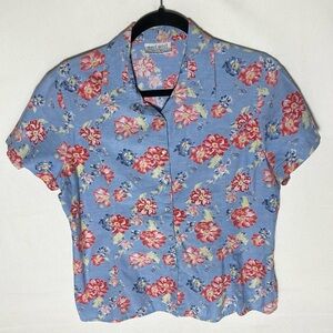 Vintage 90s East West Fashions Blue Pink Floral Short Sleeve Pearl Snap Shirt M